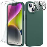 JETech 5 in 1 Silicone Case for iPhone 14 6.1-Inch, with 2-Pack Screen Protector and 2-Pack Camera Lens Protector, Full Coverage Tempered Glass Film, Shockproof Phone Cover (Midnight Green)